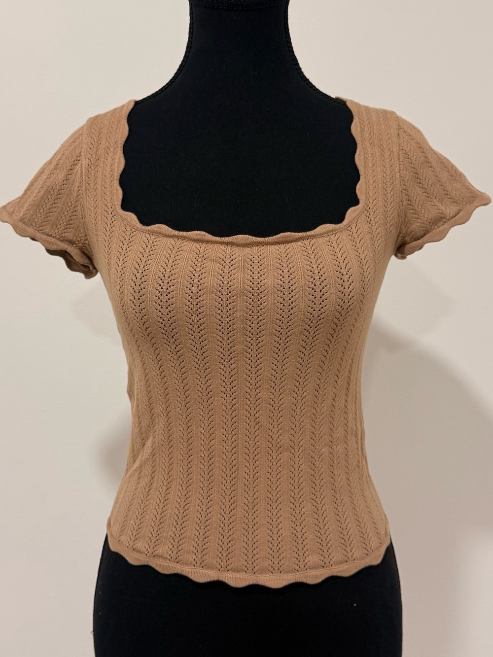Wilfred Camel Scalloped-Edge Short Sleeve Knit Top